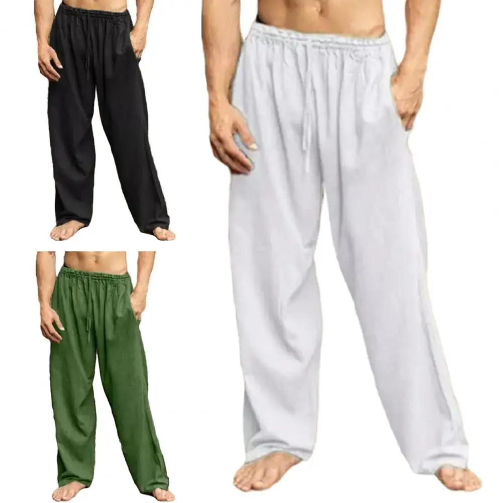 Erkek Pantolon İpli Elastik Bel Geniş Bacak Pantolon Düz Renk Derin Kasık Cepler Uzun Pantolon Ayarlanabilir Kemer Pantolon - 3
