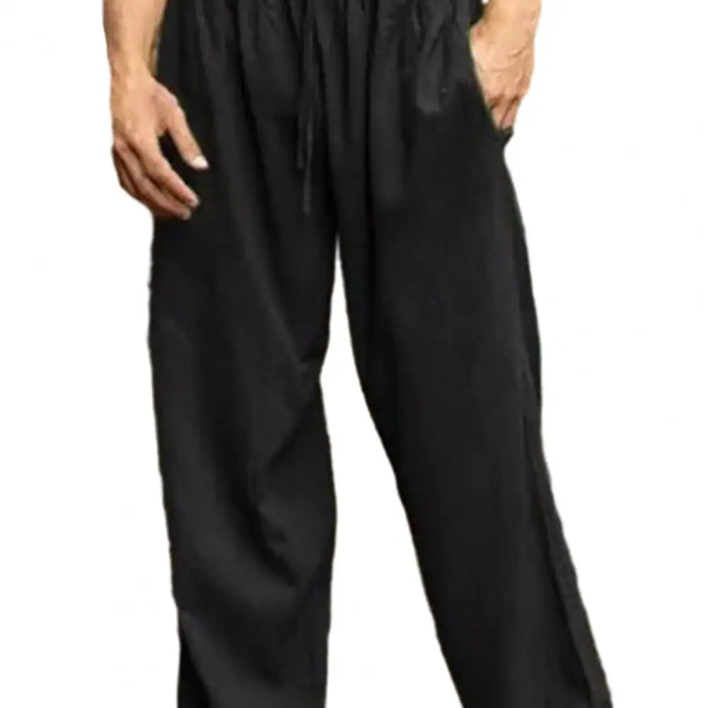 Erkek Pantolon İpli Elastik Bel Geniş Bacak Pantolon Düz Renk Derin Kasık Cepler Uzun Pantolon Ayarlanabilir Kemer Pantolon - 4