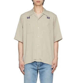 Gömlek Erkekler İşlemeli Kelebek Cepler Gömlek Gevşek Casual Düğme Bluz Yüksek Sokak Katı Vintage Tasarım Kısa Kollu Elbise