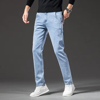 2023 Bahar Yeni erkek Açık Mavi Düzenli Fit Kot Klasik Tarzı anti-hırsızlık Fermuar Tasarım Streç Denim Kumaş pantolon Erkek Marka