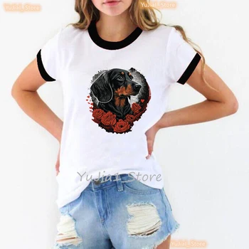 2023 Sıcak Satış Renkli Dachshund Hayvan baskı t-shirt Kadın Harajuku Kawaii Schnauzer Köpek Sevgilisi T Shirt Femme yazlık t-Shirt