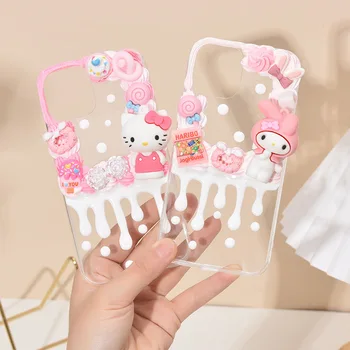 Sanrio Hello Kitty DIY Malzeme Seti Telefon Kılıfı için iPhone 14 13 12 11 Pro Max Mini X XR XS MAX 7 8 Artı Anti-damla arka kapak Hediye