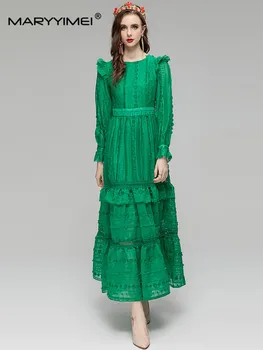 MARYYİMEİ Sonbahar Moda kadın Yeşil Zarif elbise Fener Kollu Nakış Hollow Out Ruffled Tatil Ince Elbiseler