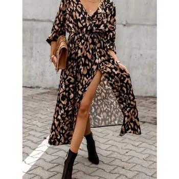 Moda V Yaka Bel Elbiseler Kadın Leopar Baskı Uzun Kollu Etekler Seksi Bölünmüş Düzensiz uzun elbise 2023 Vintage Sokak Giyim