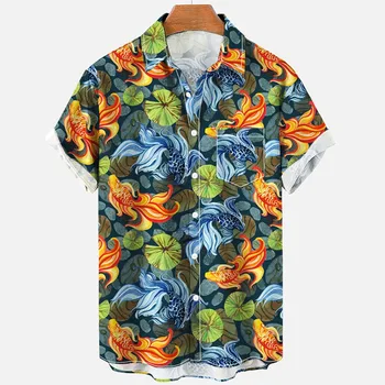 Yeni Deniz Hayvanları Denizatı Balık 3d Desen havai gömleği Erkek Giysileri erkek gömleği Yaz Rahat Kısa Kollu Gevşek yazlık gömlek