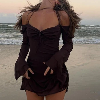 Y2K Fairycore Örgü boyundan bağlamalı elbise Şık Kadın Parlama Kollu Yan İpli Dantelli Mini Elbise Zarif Bayan Plaj Tatil Kulübü Parti