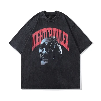 Kadın Büyük Boy Sıkıntılı Gotik T Shirt Kafatası Baskı Vintage Yıkanmış Siyah Tişört Hip Hop Streetwear Harajuku günlük t-Shirt