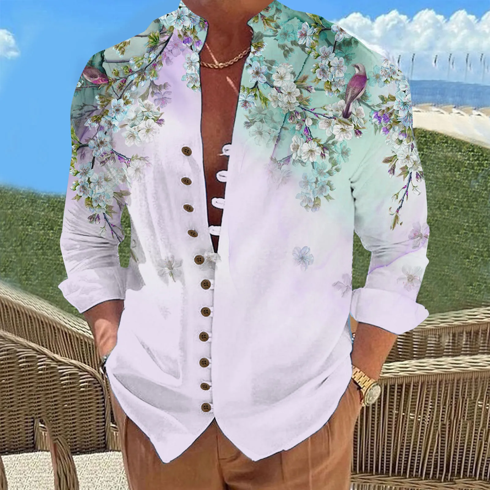 Hawaii Gömlek Mens İçin Tatil Eğlence Gevşek Düğme Standı Yaka Dijital 3d Baskılı Çiçek Gömlek Erkek Giysileri Beachwear İş - 0