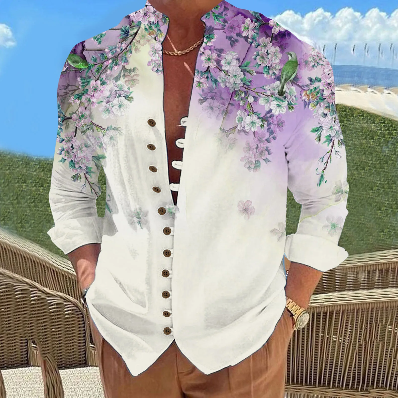 Hawaii Gömlek Mens İçin Tatil Eğlence Gevşek Düğme Standı Yaka Dijital 3d Baskılı Çiçek Gömlek Erkek Giysileri Beachwear İş - 1