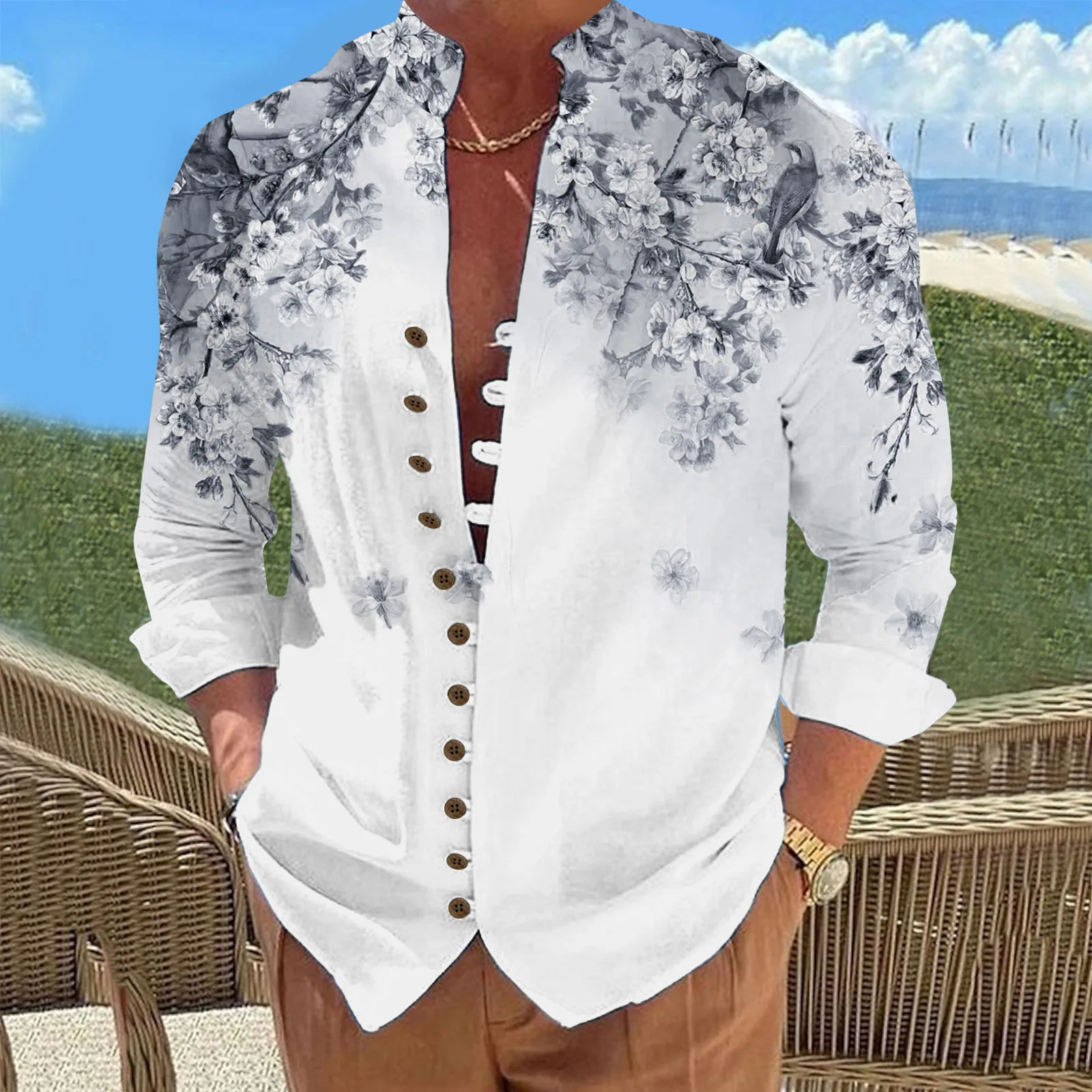 Hawaii Gömlek Mens İçin Tatil Eğlence Gevşek Düğme Standı Yaka Dijital 3d Baskılı Çiçek Gömlek Erkek Giysileri Beachwear İş - 2
