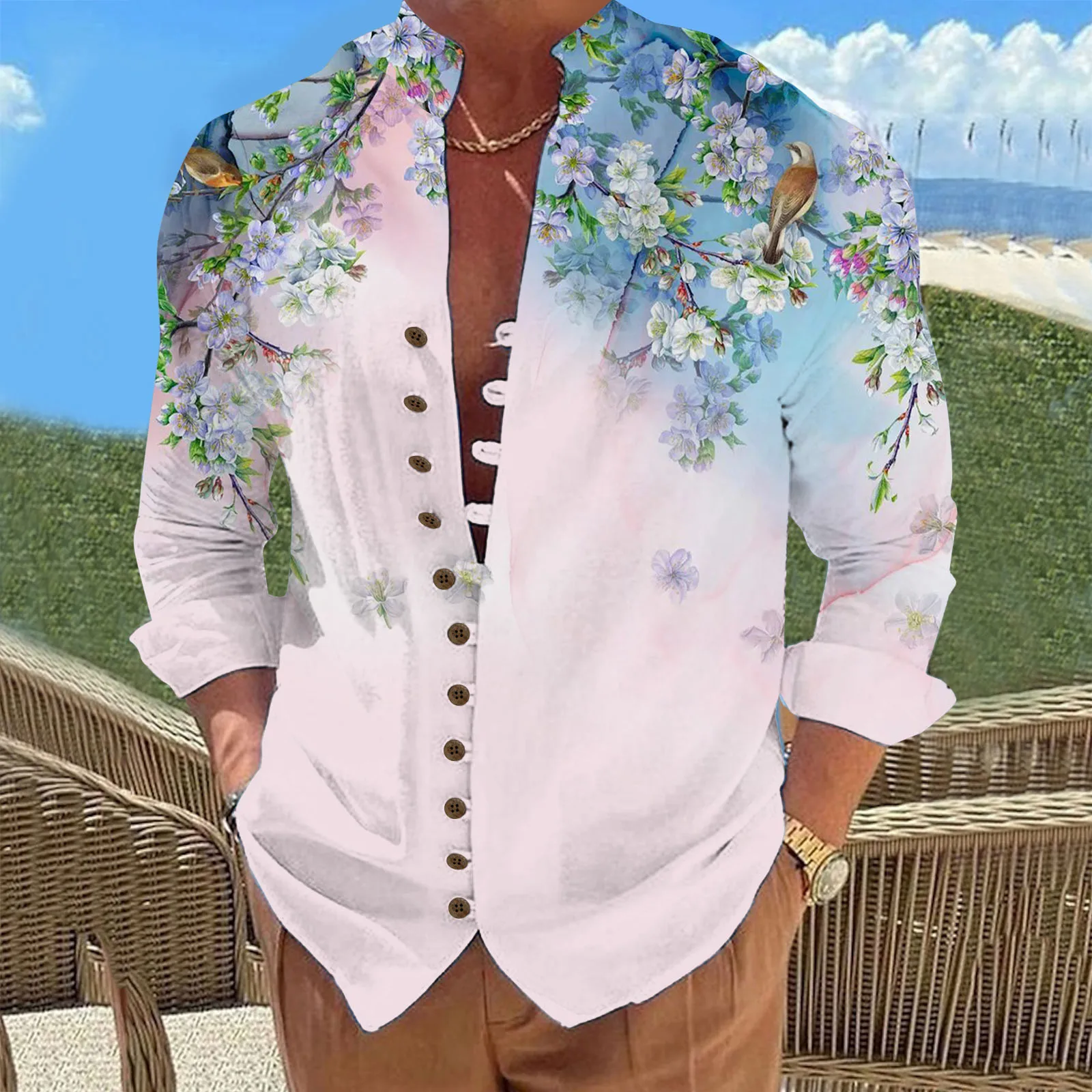 Hawaii Gömlek Mens İçin Tatil Eğlence Gevşek Düğme Standı Yaka Dijital 3d Baskılı Çiçek Gömlek Erkek Giysileri Beachwear İş - 3