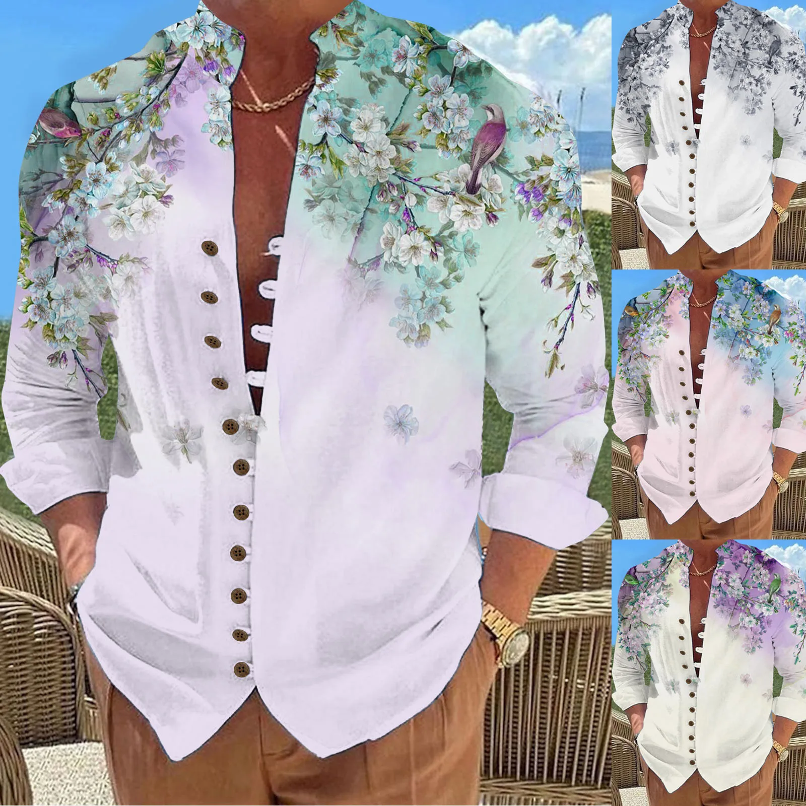 Hawaii Gömlek Mens İçin Tatil Eğlence Gevşek Düğme Standı Yaka Dijital 3d Baskılı Çiçek Gömlek Erkek Giysileri Beachwear İş - 5