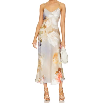Kadın Saten uzun elbise Kolsuz Spagetti Kayışı Moda Vintage V Boyun Çiçek Baskı Kokteyl Elbise gece elbisesi