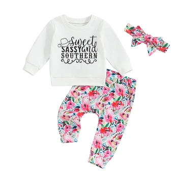 Toddler Kız Sonbahar pantolon Setleri Uzun Kollu Mektup Baskı Üstleri Çiçek Pantolon Kafa Bandı Setleri