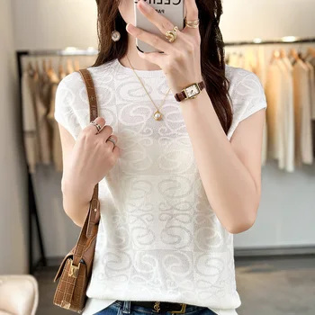 Yaz yeni kadın örme O-Boyun kısa kollu %100 % merinos yünü kazak yelek moda high-end Kore gömlek T-shirt