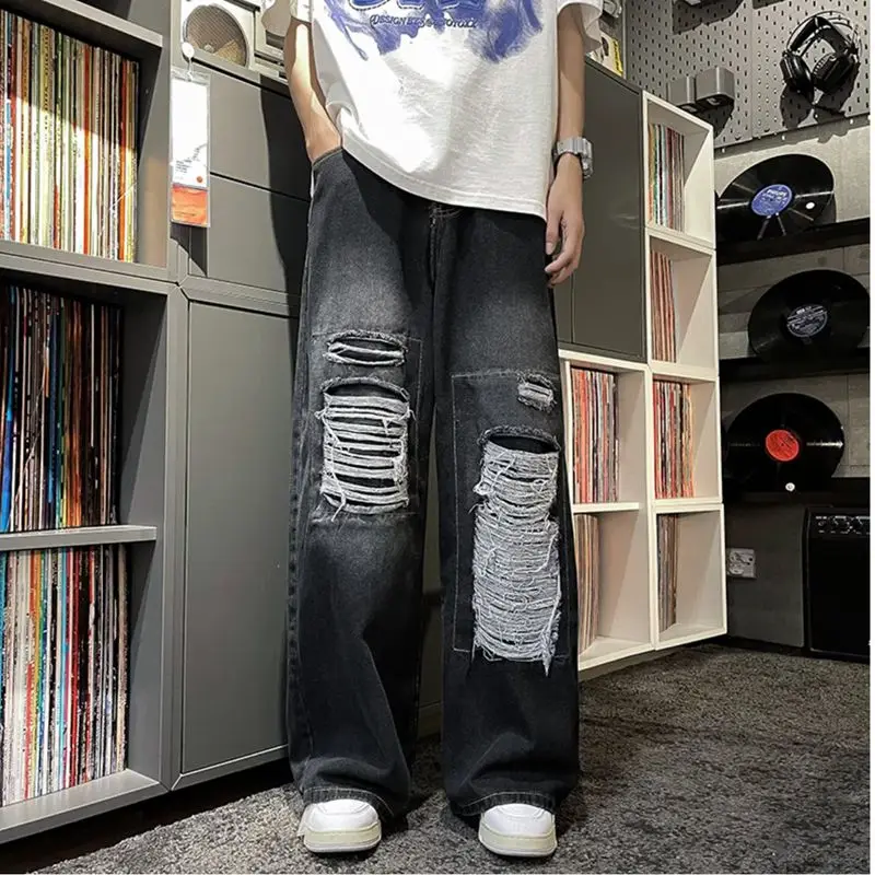 y2k Kot 2023 Yeni Kore Baskı Kırık Delik Tasarım Senses Streetwear hip hop Geniş Bacak Jean Erkekler için Düz Erkek Pantolon - 1