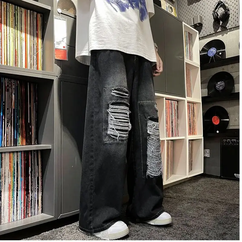 y2k Kot 2023 Yeni Kore Baskı Kırık Delik Tasarım Senses Streetwear hip hop Geniş Bacak Jean Erkekler için Düz Erkek Pantolon - 2