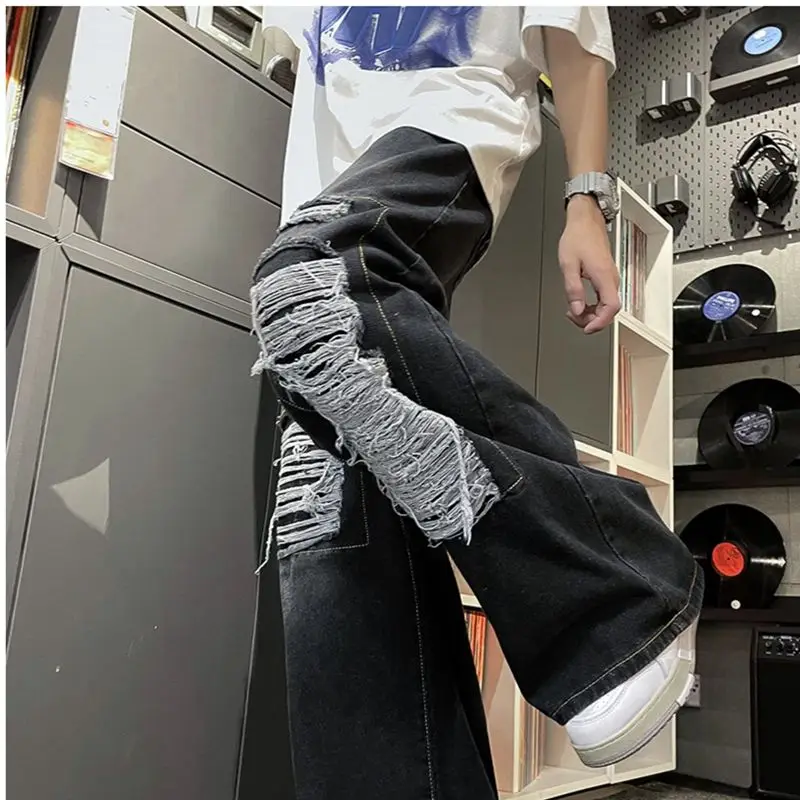 y2k Kot 2023 Yeni Kore Baskı Kırık Delik Tasarım Senses Streetwear hip hop Geniş Bacak Jean Erkekler için Düz Erkek Pantolon - 3