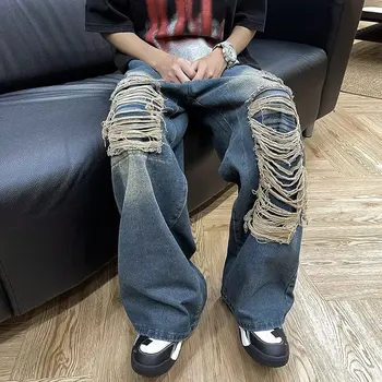 y2k Kot 2023 Yeni Kore Baskı Kırık Delik Tasarım Senses Streetwear hip hop Geniş Bacak Jean Erkekler için Düz Erkek Pantolon