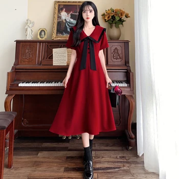 Vintage Artı Boyutu Elbiseler Kadınlar için Kore 2023 Yaz Tatlı Kısa Kollu Parti Lolita Midi Elbise Yüksek Bel İnce Y2k Giysi