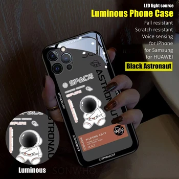 Sevimli Astronot led ışık parlayan Aydınlık temperli Cam Telefon Kılıfı için iPhone 11 12 13 14 15 X Xs Xr Mini Pro Max Artı Kapak