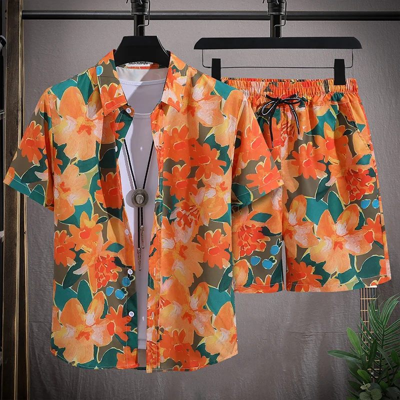 Erkek Hawaii Plaj Seti Tek Göğüslü Kısa Kollu Gömlek ve Şort Rahat Yaz Tatili Seyahat Kıyafet - 3
