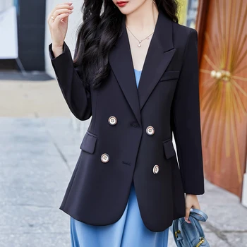 Bahar Kadın Moda Ofis Giyim Kruvaze Küçük Blazers Ceket Vintage Uzun Kollu Cepler Kadın Giyim Chic Tops